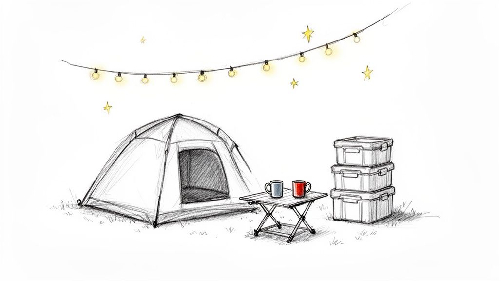 A hand-drawn sketch of a camping scene with a tent, folding table, two mugs, and stacked storage boxes, under string lights and stars.