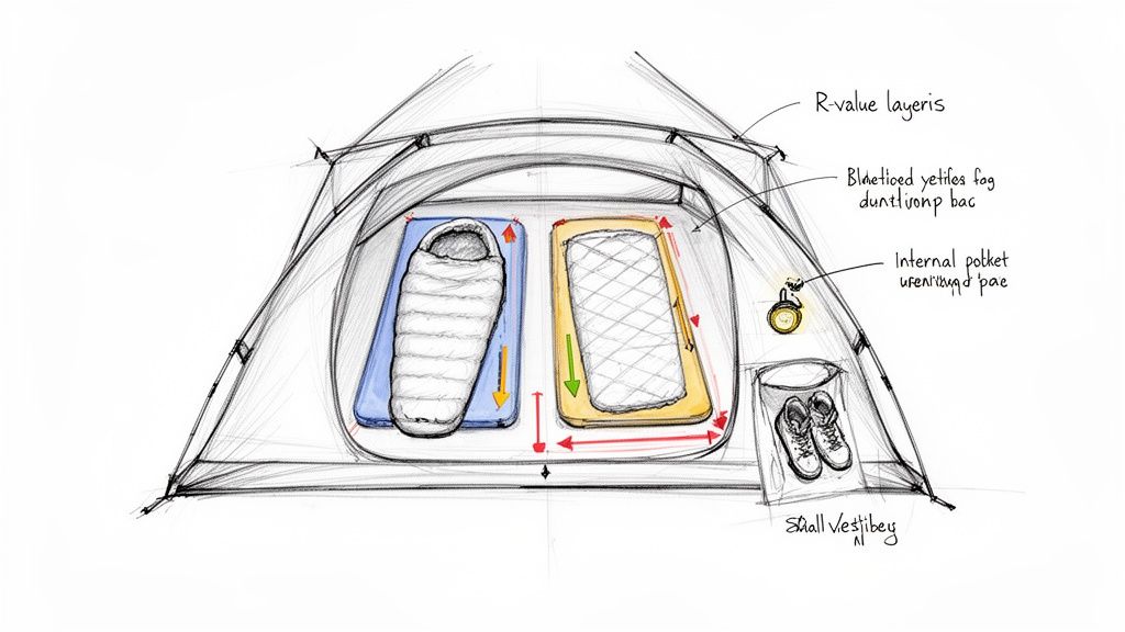 Inside view of a two-person tent with sleeping mats, sleeping bags, a lantern, and shoes.