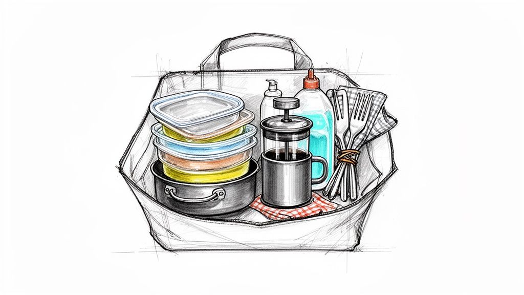A sketch showing camping kitchen essentials: stacked food containers, a pot, French press, soap bottles, and wrapped cutlery in a bag.