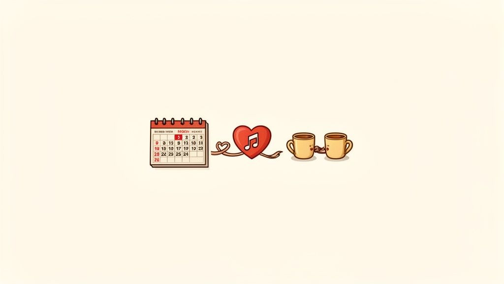 Cute illustration of a calendar, a heart with a music note, and two coffee cups connected by a ribbon.