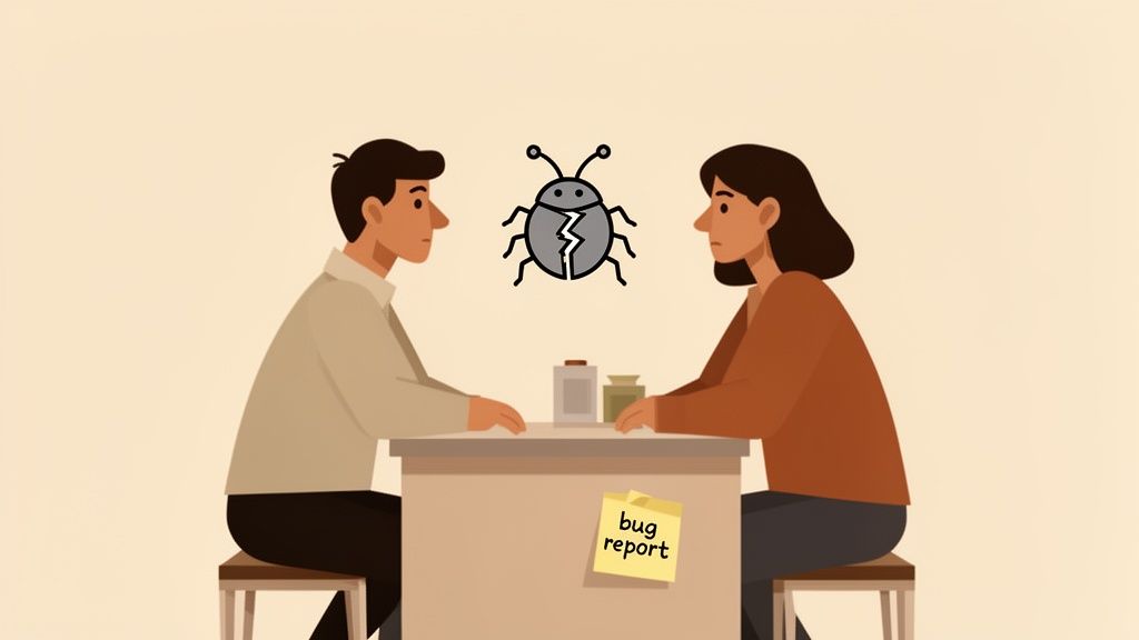 Two people discuss a broken bug, with a 'bug report' sticky note on the table.