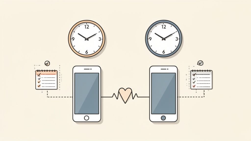 Two phones, clocks, and checklists illustrate long-distance relationship communication and planning.
