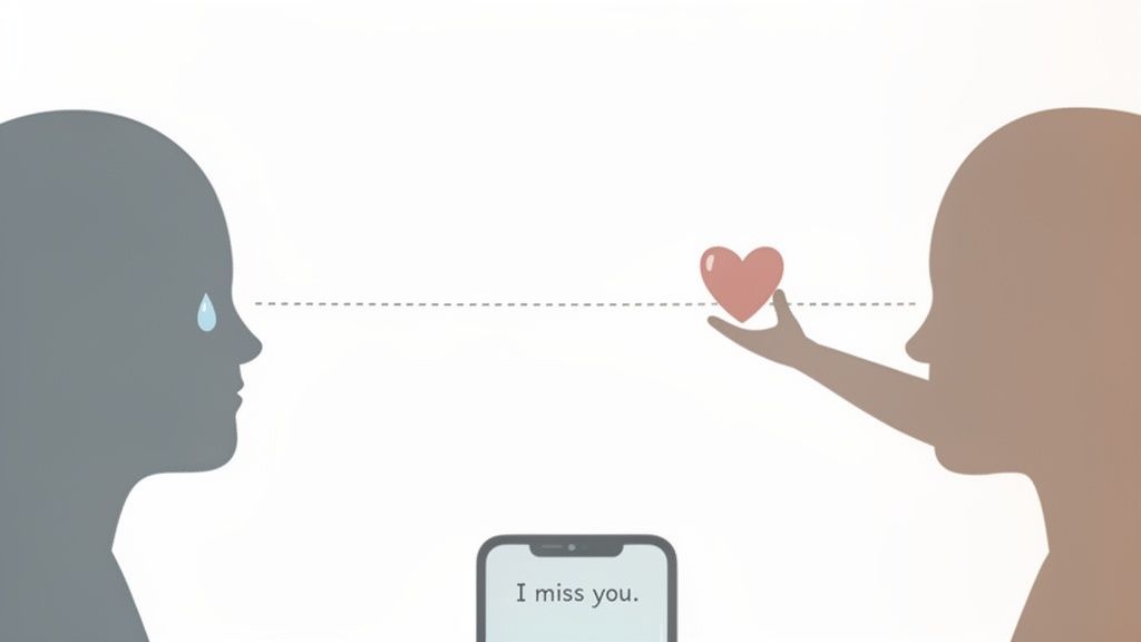 An illustration depicting long-distance relationship emotions: sadness, love, and a phone message.