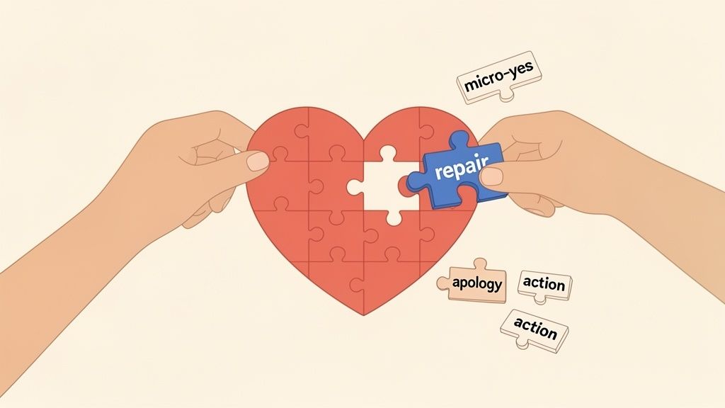 Hands placing a blue 'repair' puzzle piece into a heart-shaped puzzle, symbolizing relationship repair with 'apology' and 'action' pieces nearby.