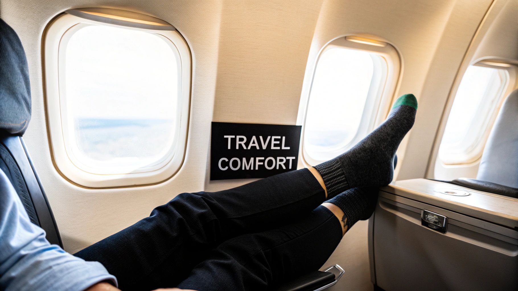 Person wearing black compression socks with feet elevated on airplane seat demonstrating travel comfort