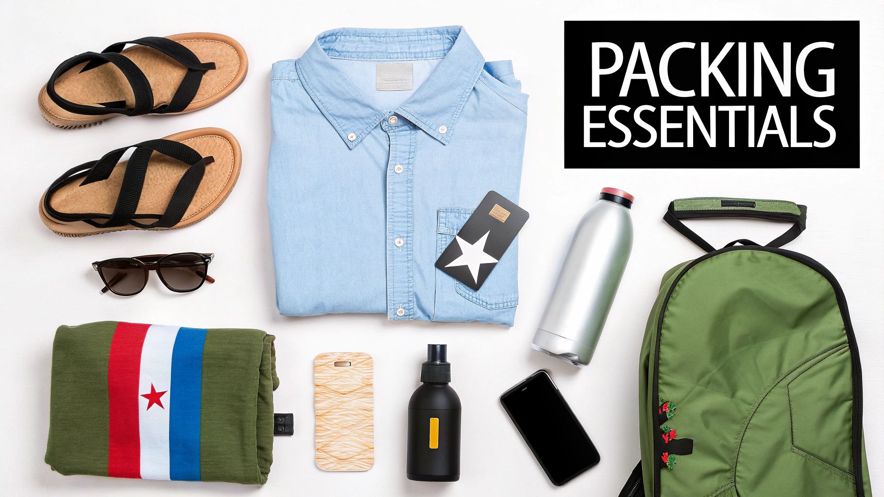 A flat lay of various packing essentials including sandals, a shirt, sunglasses, a backpack, and bottles.