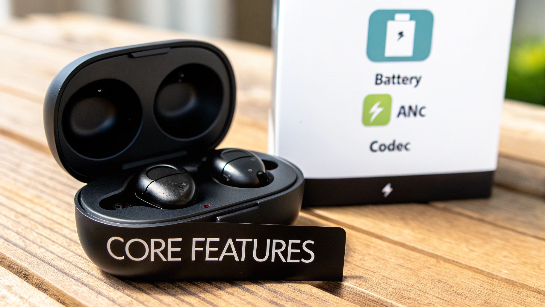 Black wireless earbuds in an open charging case with a 'Core Features' tag on a wooden table.