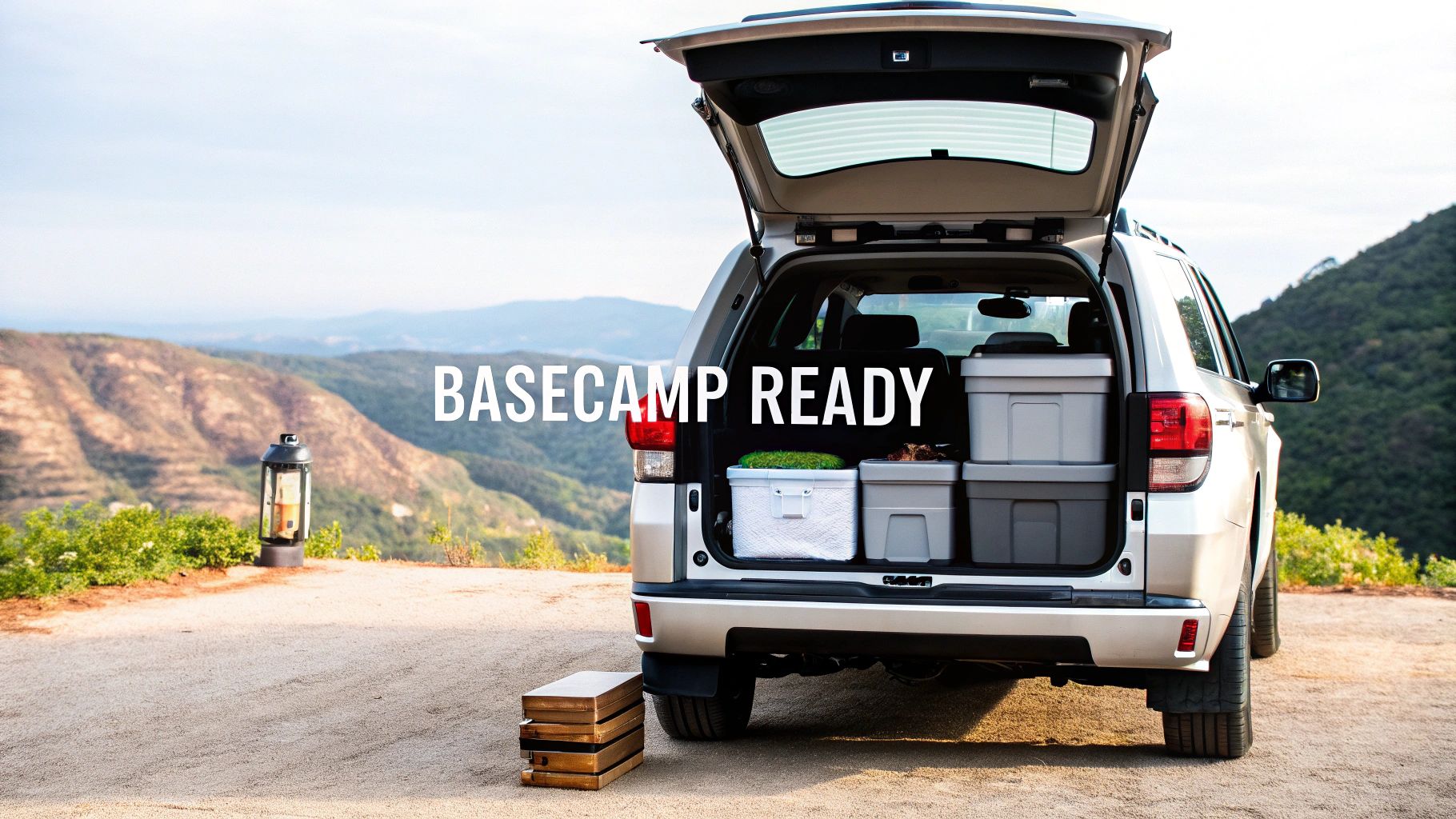 A silver SUV with its trunk open, packed with camping gear, overlooking a mountain landscape.