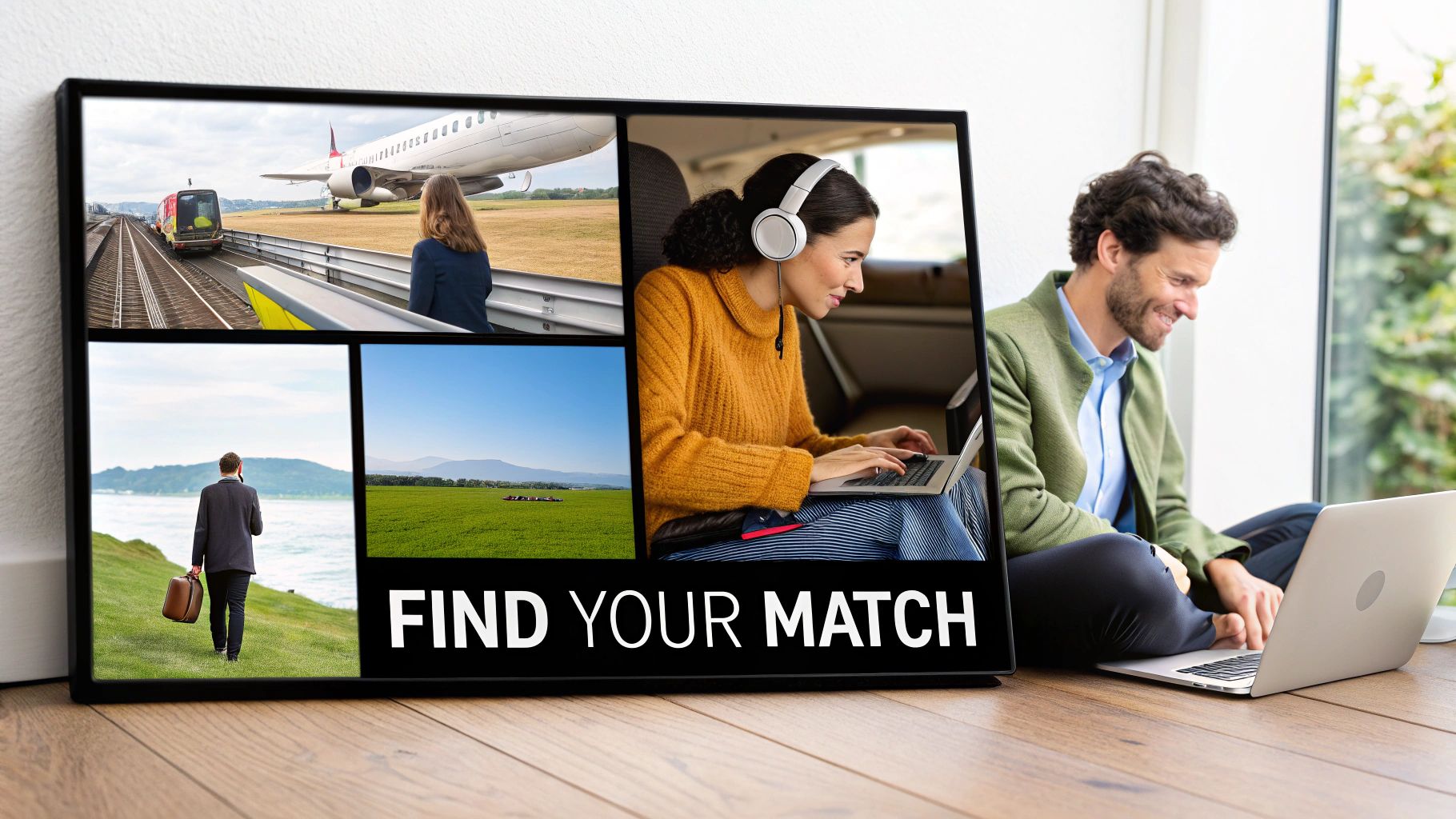 Smiling man on laptop next to screen showing travel scenes and a woman wearing noise-cancelling headphones.