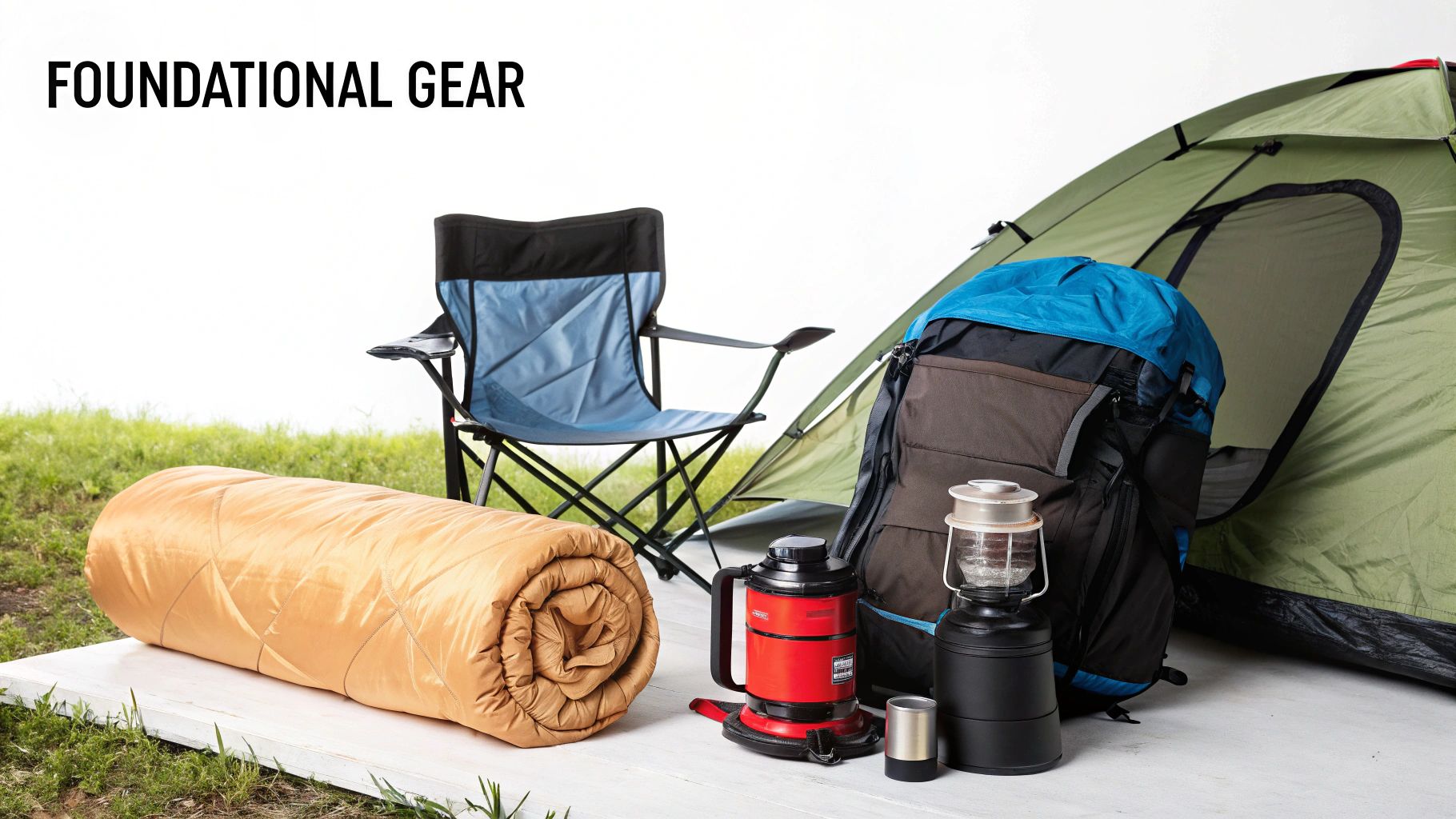 Foundational gear for camping, including a sleeping bag, chair, backpack, tent, and lantern, on a white platform.