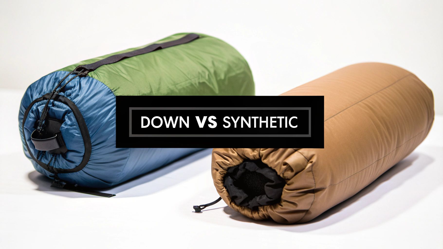 A close-up shot of down feathers and synthetic fill, visually comparing the two insulation types.