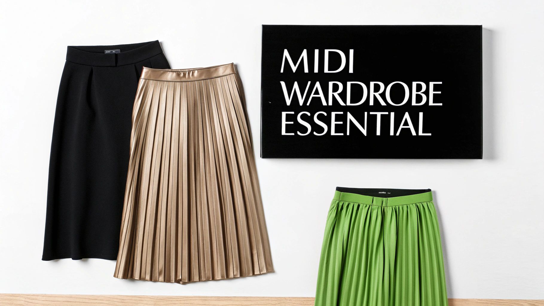 Stylish midi skirts in black, gold, and green, highlighted as wardrobe essentials.