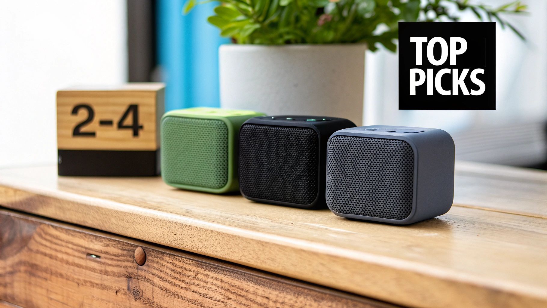 A modern, sleek Bluetooth speaker sitting on a wooden table with a smartphone next to it, showcasing a wireless music setup.