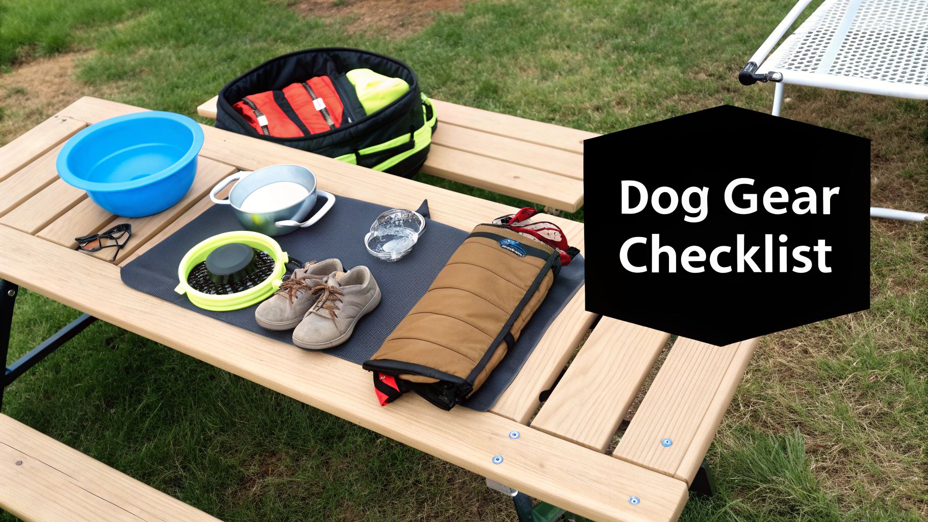 A picnic table laden with a dog gear checklist for outdoor adventures like camping.