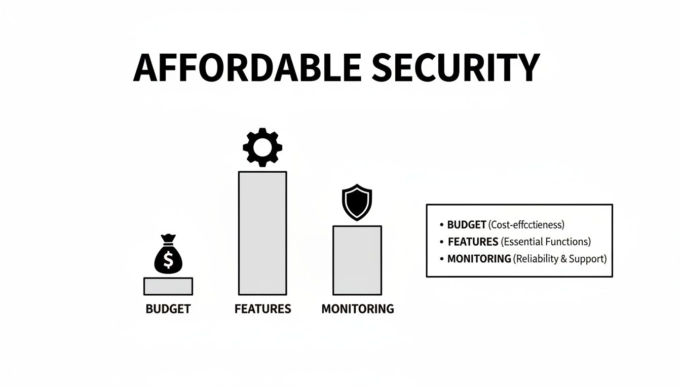 Infographic on affordable security, showing budget, features, and monitoring with associated icons and descriptions.