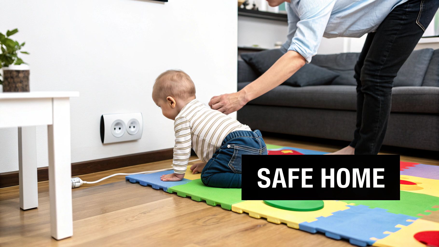 A baby crawls towards an electrical outlet while an adult intervenes, promoting a safe home environment.