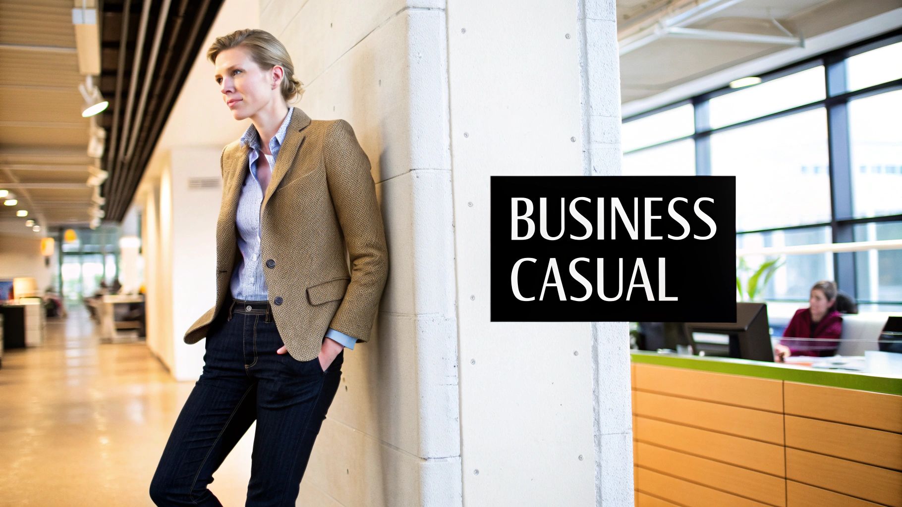 A man and a woman in business casual attire smiling together