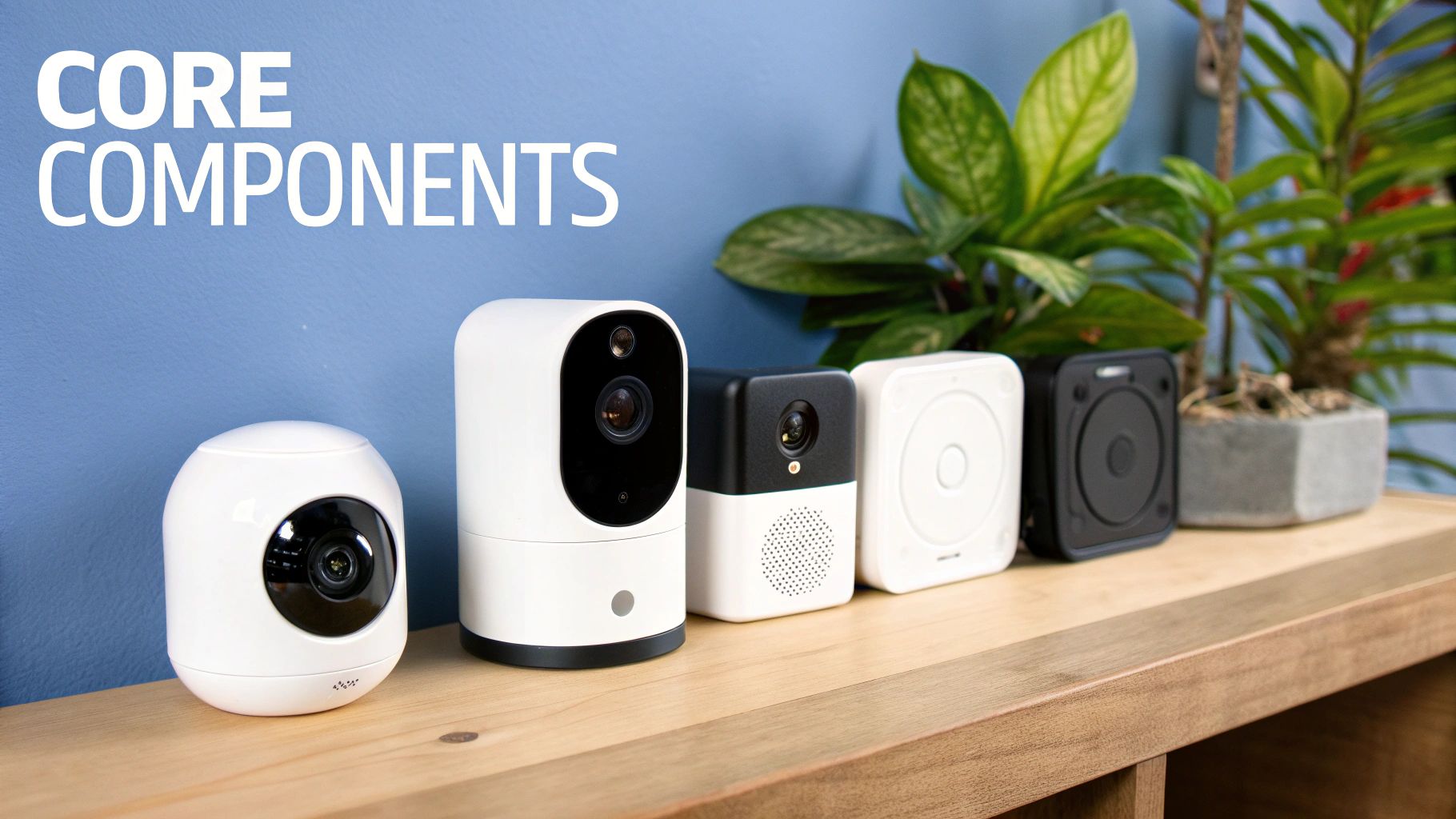 An assortment of smart home security devices including cameras and sensors displayed together.