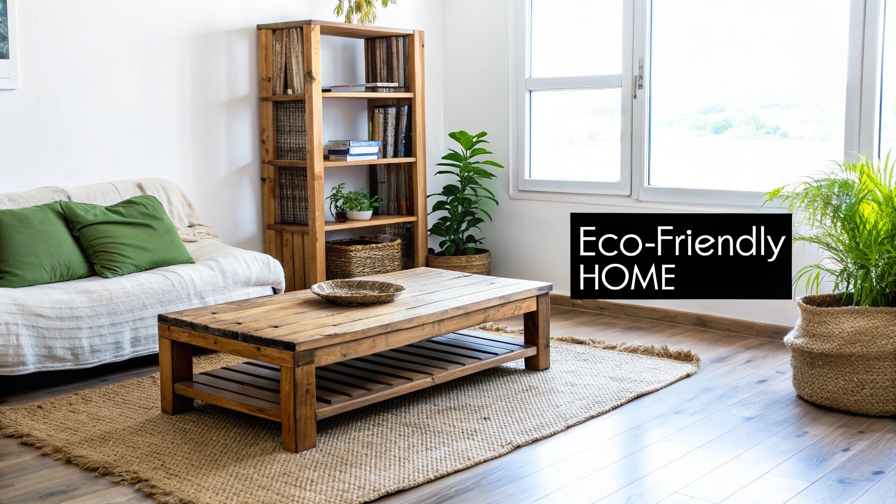 A bright, eco-friendly living room featuring a wooden coffee table, a beige sofa with green pillows, and potted plants.