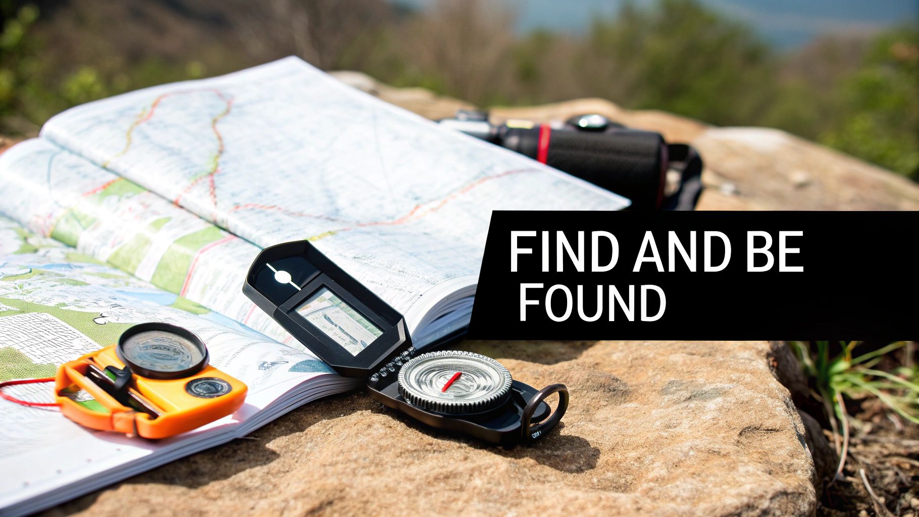 Two compasses and an open map lay on a textured rock outdoors, symbolizing navigation and adventure.