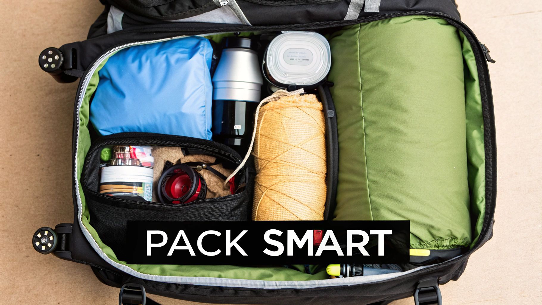An overhead view of an open black suitcase, neatly packed with essential travel items like clothes, a water bottle, and toiletries.