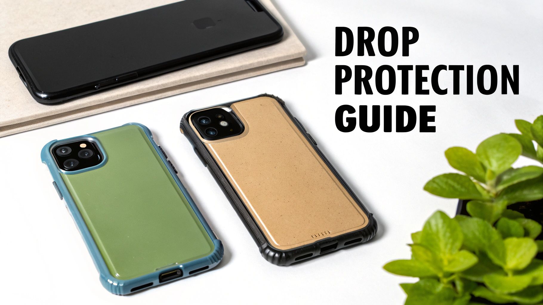 Three phones, two in durable protective cases and one without, illustrating a 'Drop Protection Guide'.
