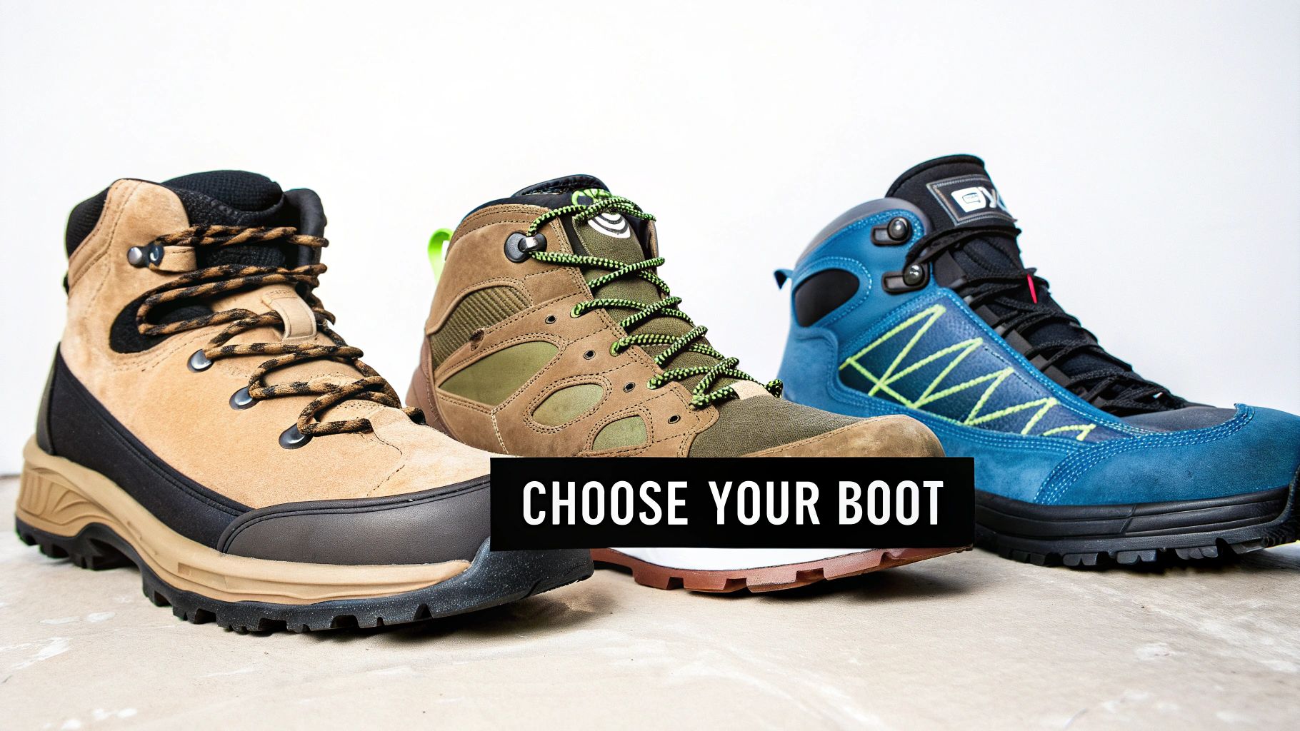 Three rugged hiking boots in tan, brown, and blue colors, with a 'CHOOSE YOUR BOOT' text overlay.