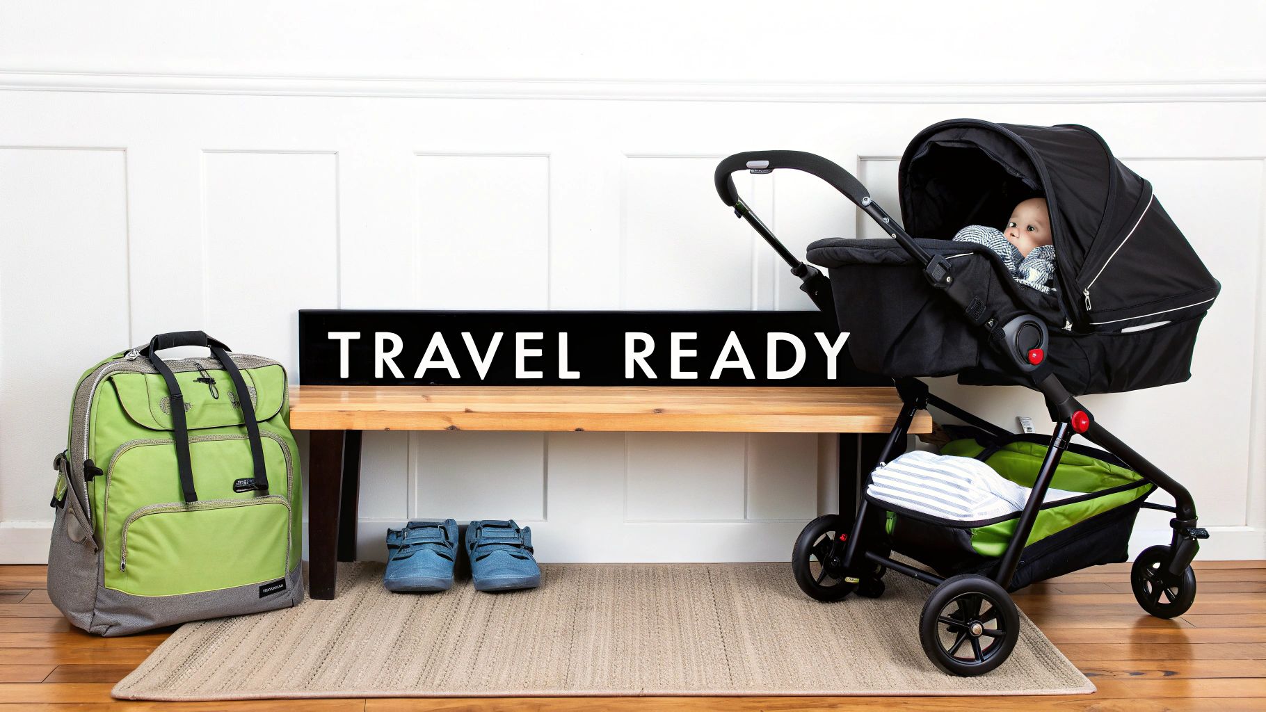 A baby in a black stroller, green travel bag, and blue shoes next to a 'TRAVEL READY' sign.