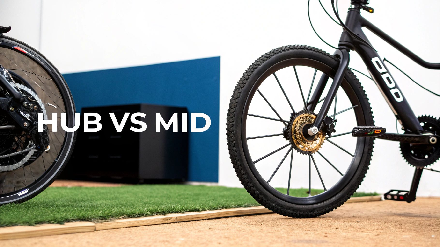Comparison of hub motor versus mid-drive motor electric bikes showing wheel details and components