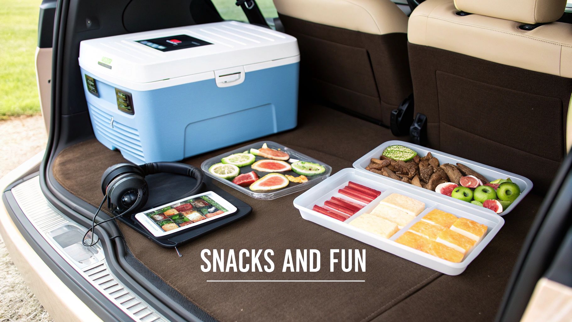 A car trunk filled with a portable cooler, headphones, a tablet, and various healthy snacks for a road trip.
