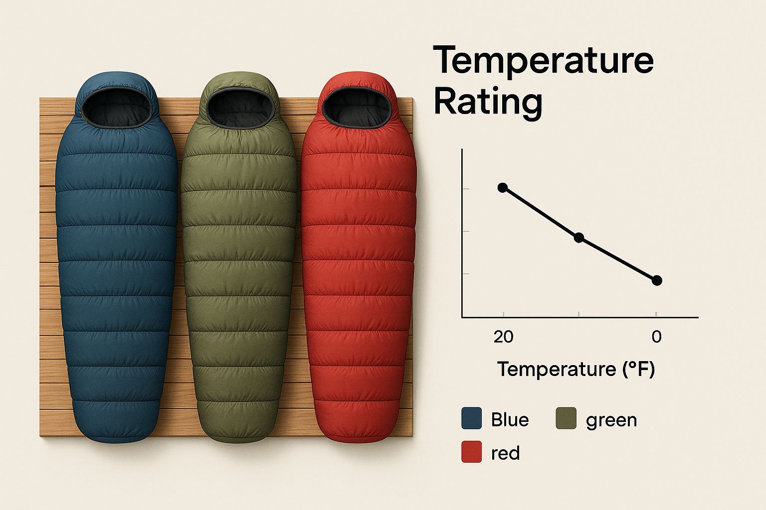 Infographic showing three sleeping bags, illustrating how materials like down and synthetic, along with construction, affect temperature ratings.