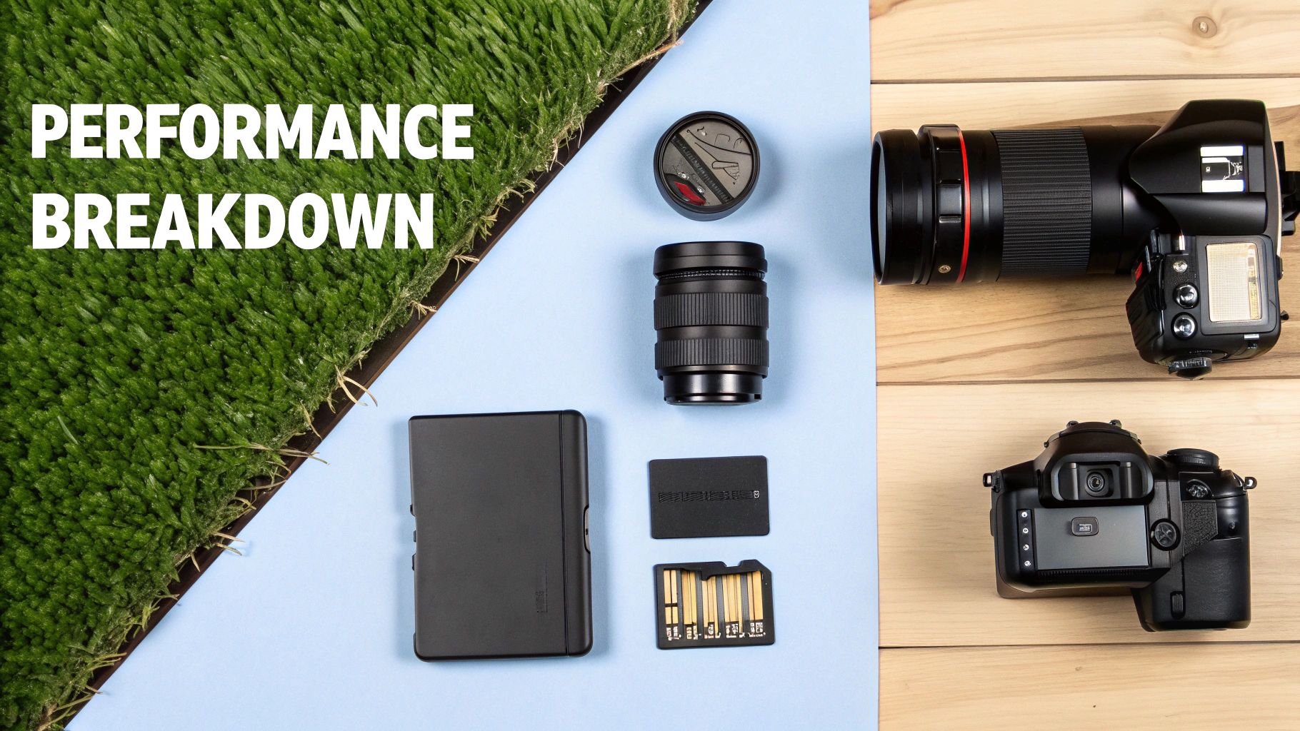Performance breakdown of camera gear with DSLRs, lenses, and memory cards on a blue and wood background.