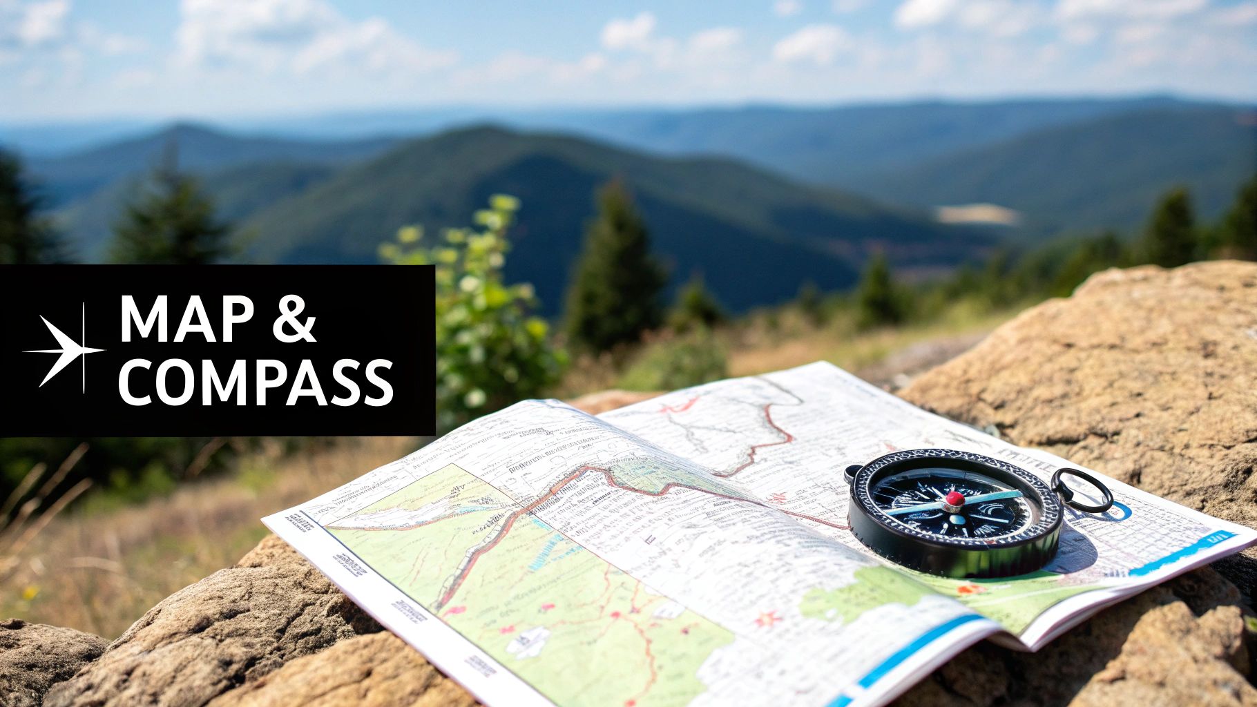 A hiker studying a topographic map and compass in a forest setting.