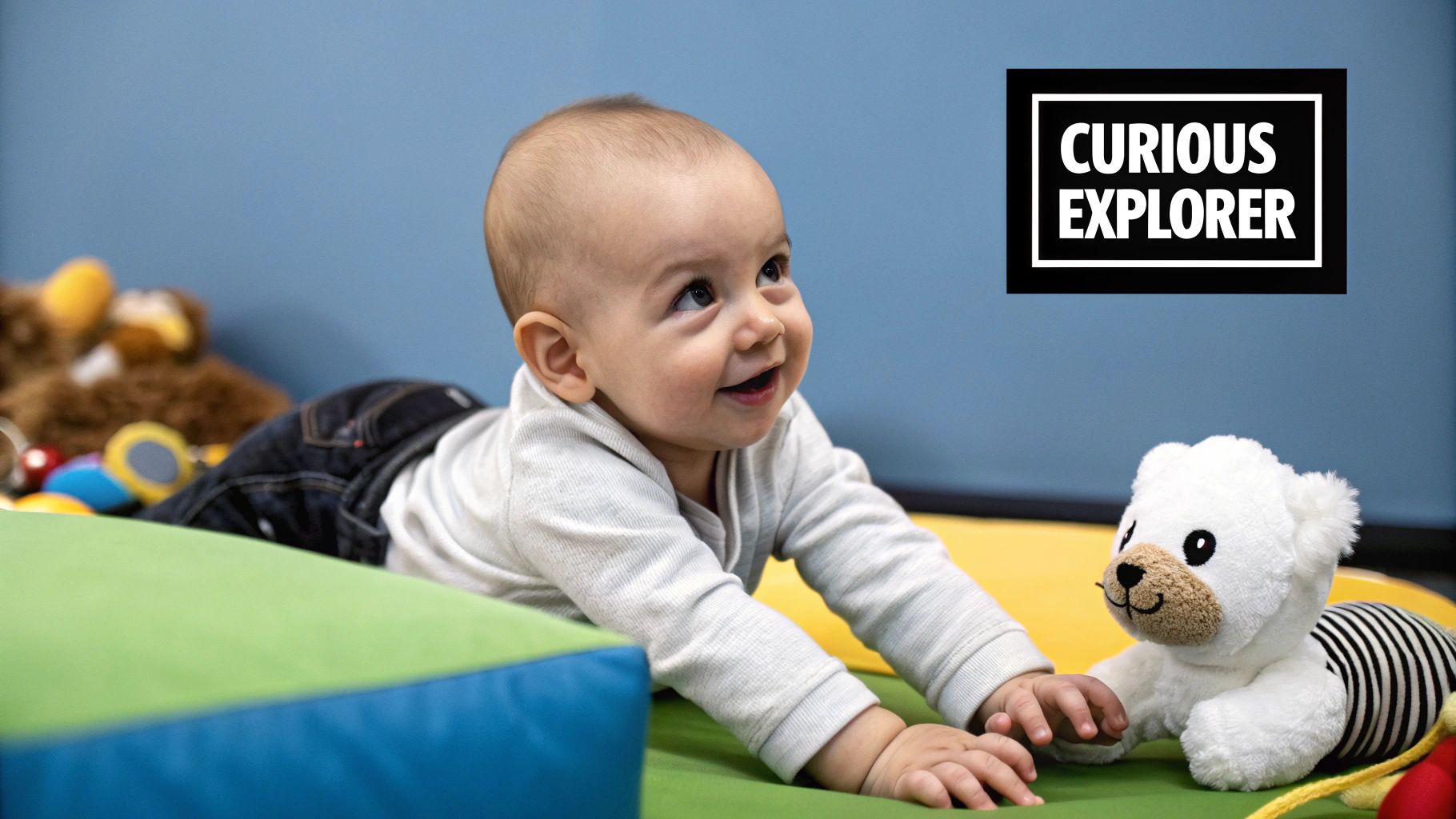 A happy 6-month-old baby playing with colorful sensory toys on a playmat.