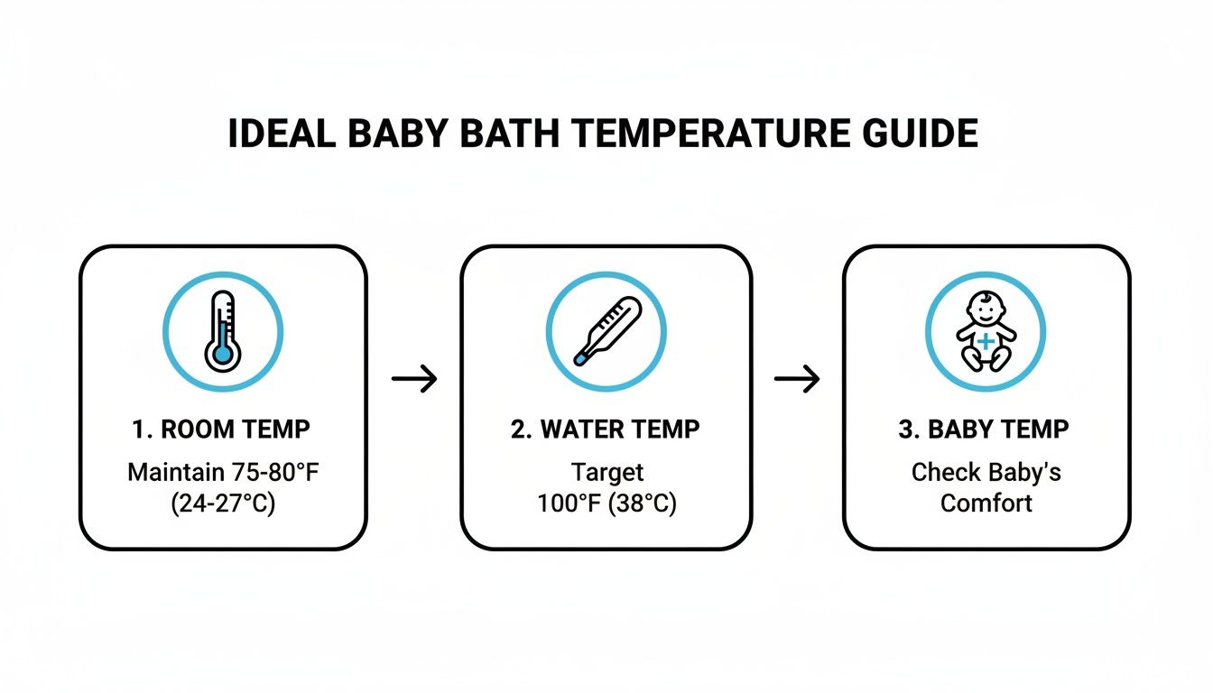 Infographic outlining ideal baby bath temperature with steps for room, water, and baby comfort.