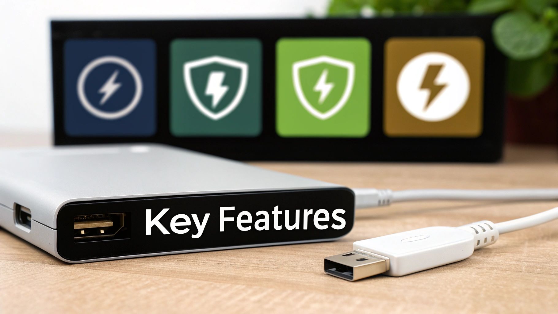 An external hard drive connected to a USB cable, showcasing key features like power and protection.