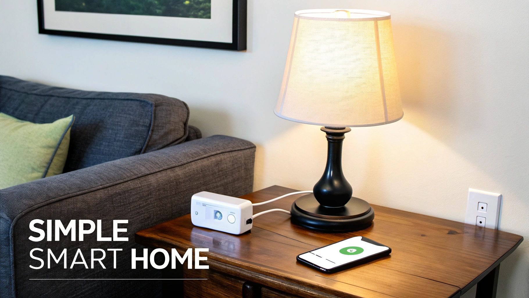 A white smart home hub and a smartphone on a wooden side table next to a glowing table lamp.