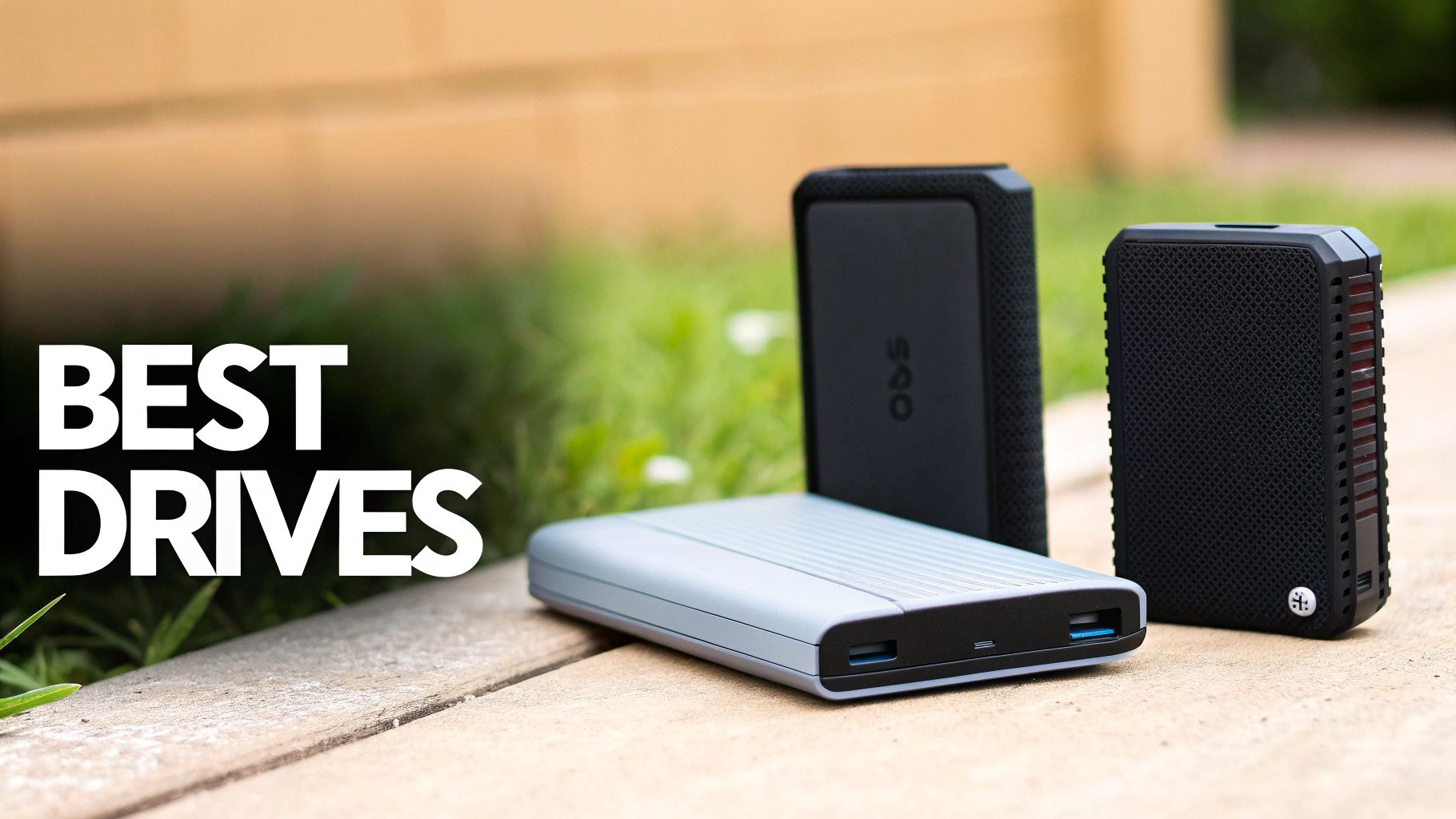 Three portable external hard drives on a ground, featuring a silver and two black models, with 'BEST DRIVES' text.