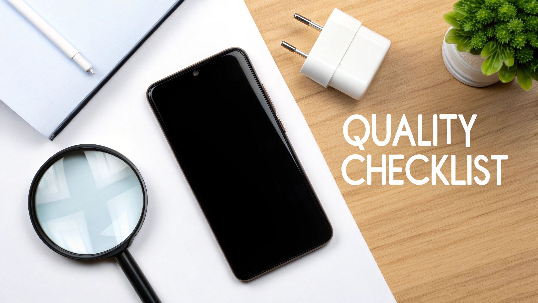 A flat lay of a quality checklist with a smartphone, notebook, magnifying glass, and charger.