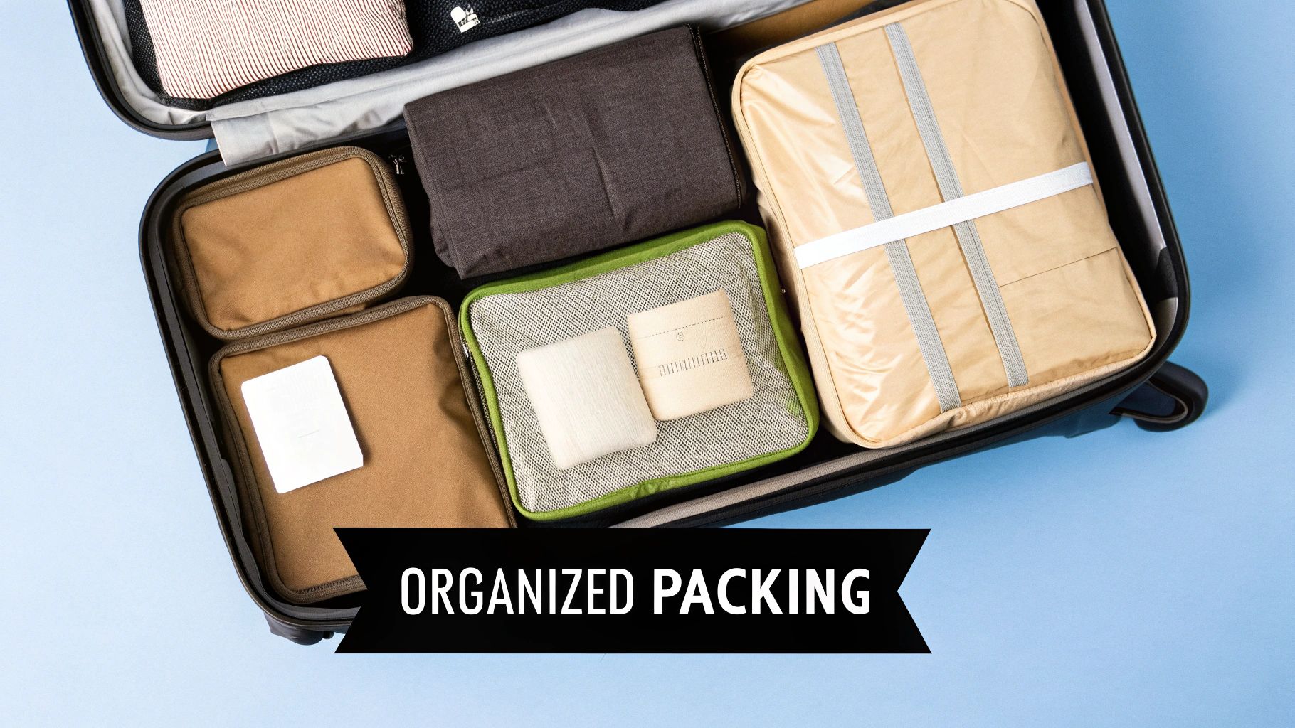 A neatly organized suitcase with clothes folded into packing cubes, showcasing efficient packing.