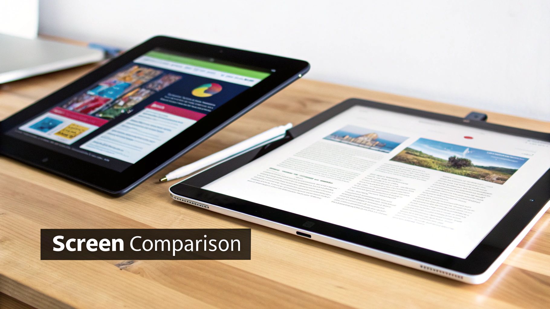 Two tablets on a wooden table, comparing their screens, one with a website, the other an article.