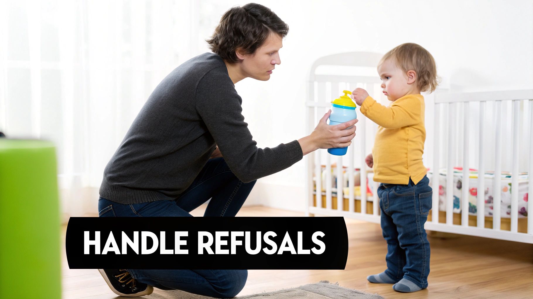 A frustrated toddler pushing away a sippy cup during mealtime.