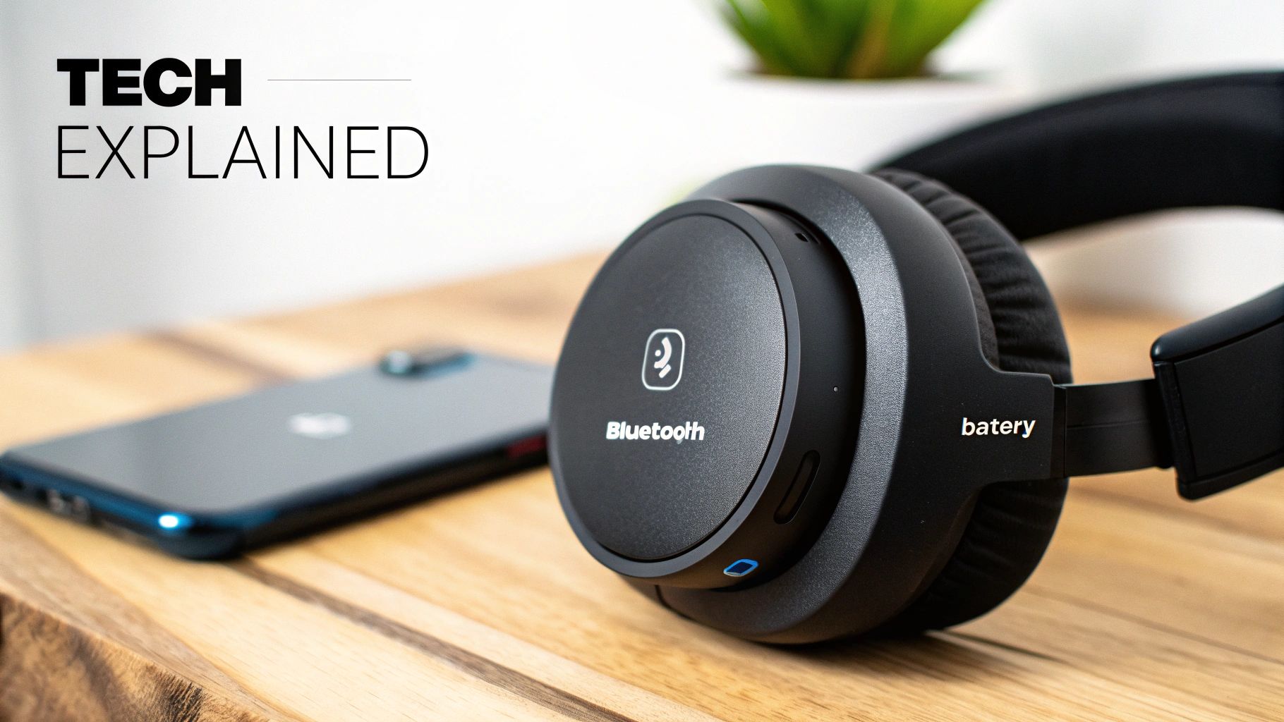 A person wearing wireless headphones, immersed in sound with a city background.