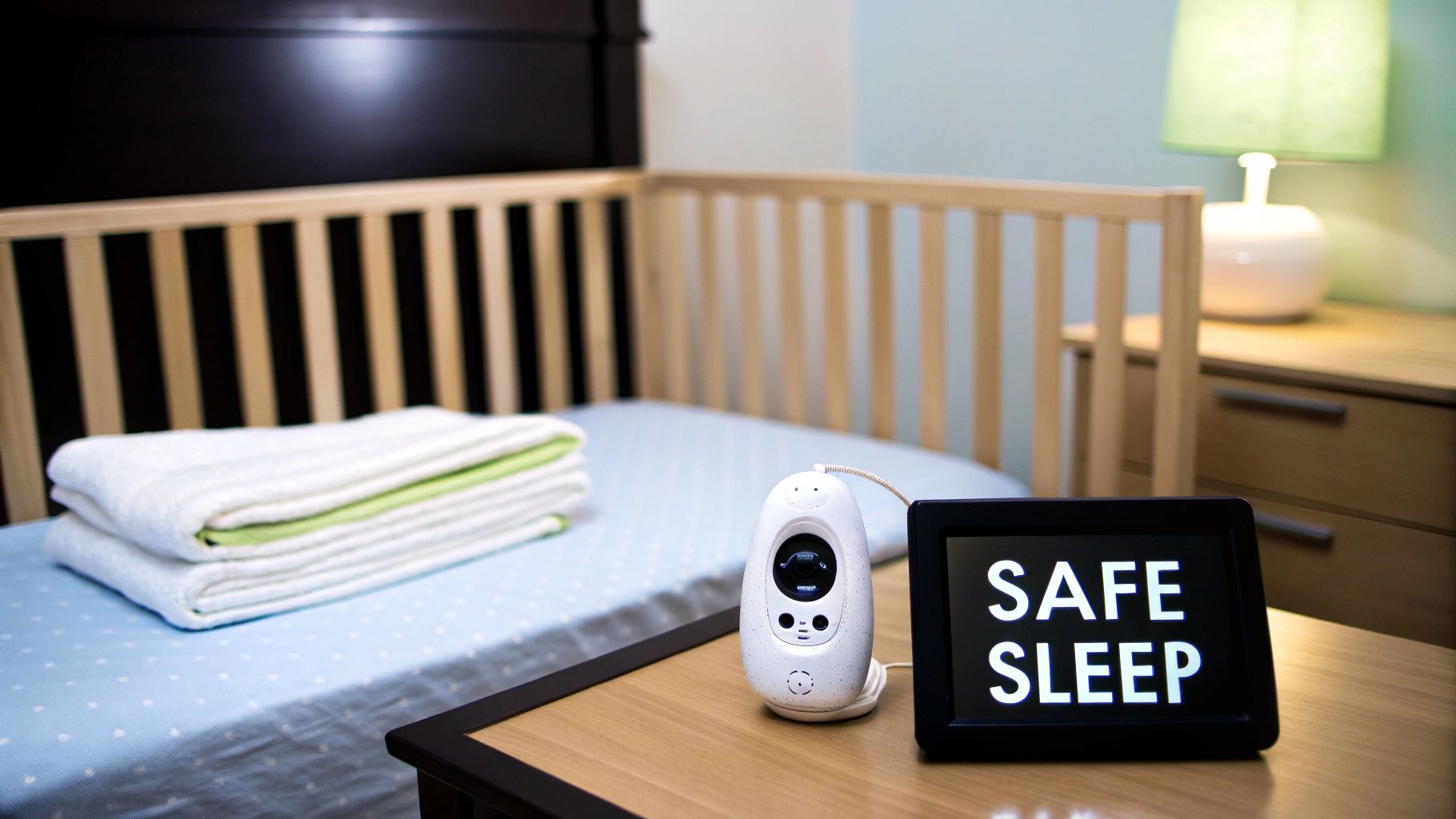 A baby's crib with a blue sheet, folded towels, a baby monitor, and a 'SAFE SLEEP' sign on a table.
