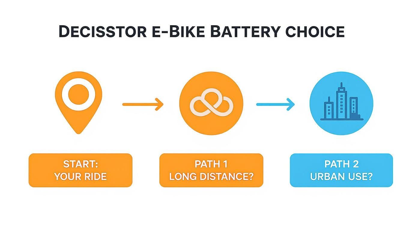 E-bike battery selection flowchart showing two paths for long distance and urban use