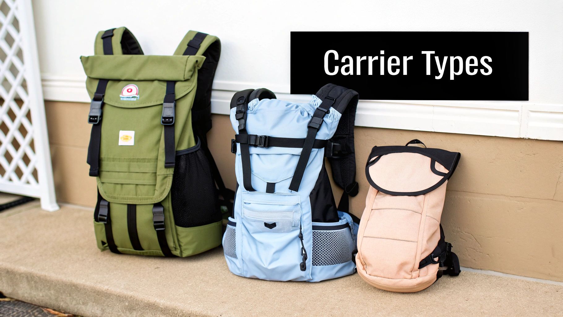 Three distinct baby carrier backpacks in green, blue, and tan illustrating different carrier types.