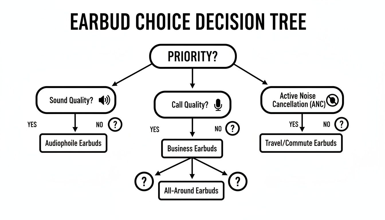 A decision tree flowchart for choosing earbuds based on priorities like sound quality, call quality, or active noise cancellation.