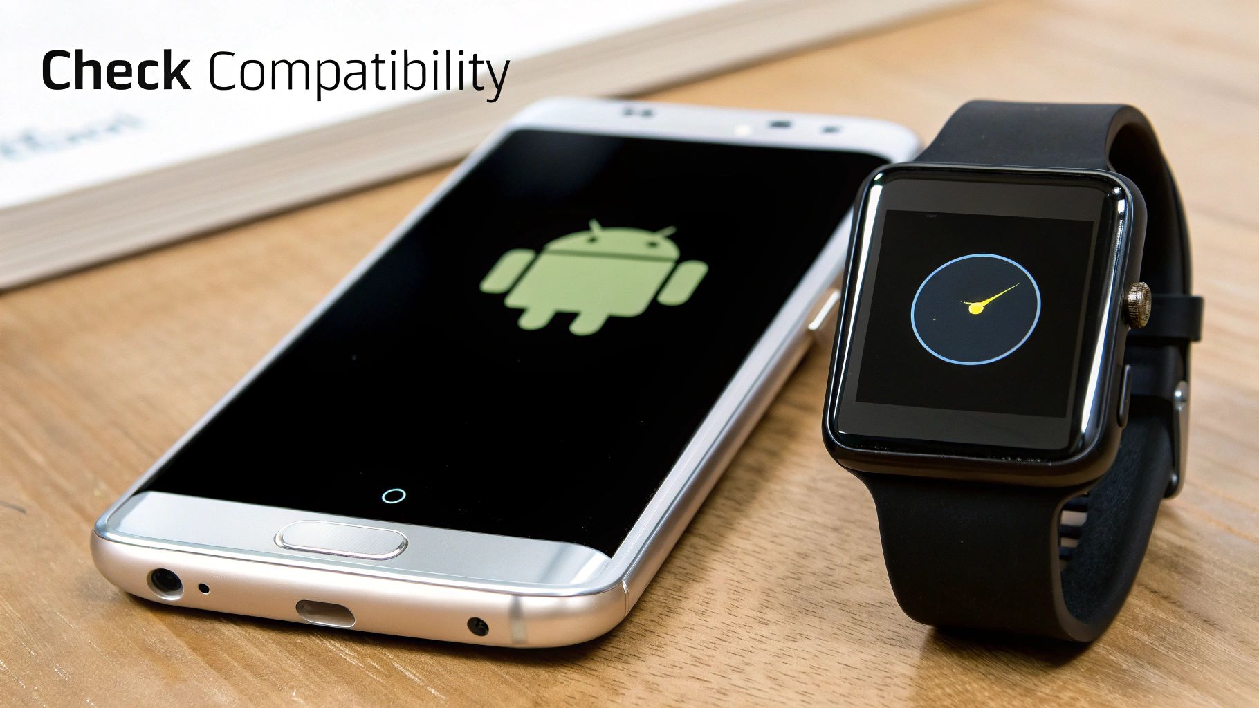 Silver Android smartphone and black smartwatch on a wooden table with 'Check Compatibility' text.