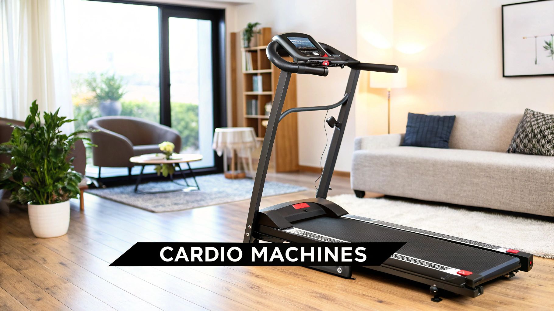 A woman running on a treadmill in a well-lit home gym setting.