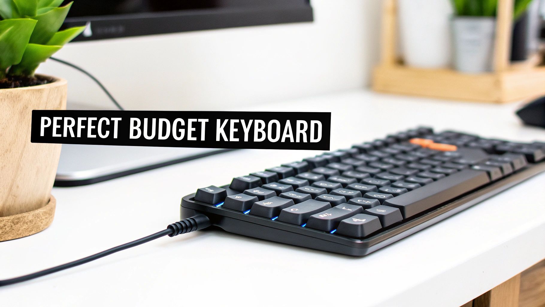 A black mechanical keyboard with blue backlighting on a white desk, with a plant and text 'PERFECT BUDGET KEYBOARD'.